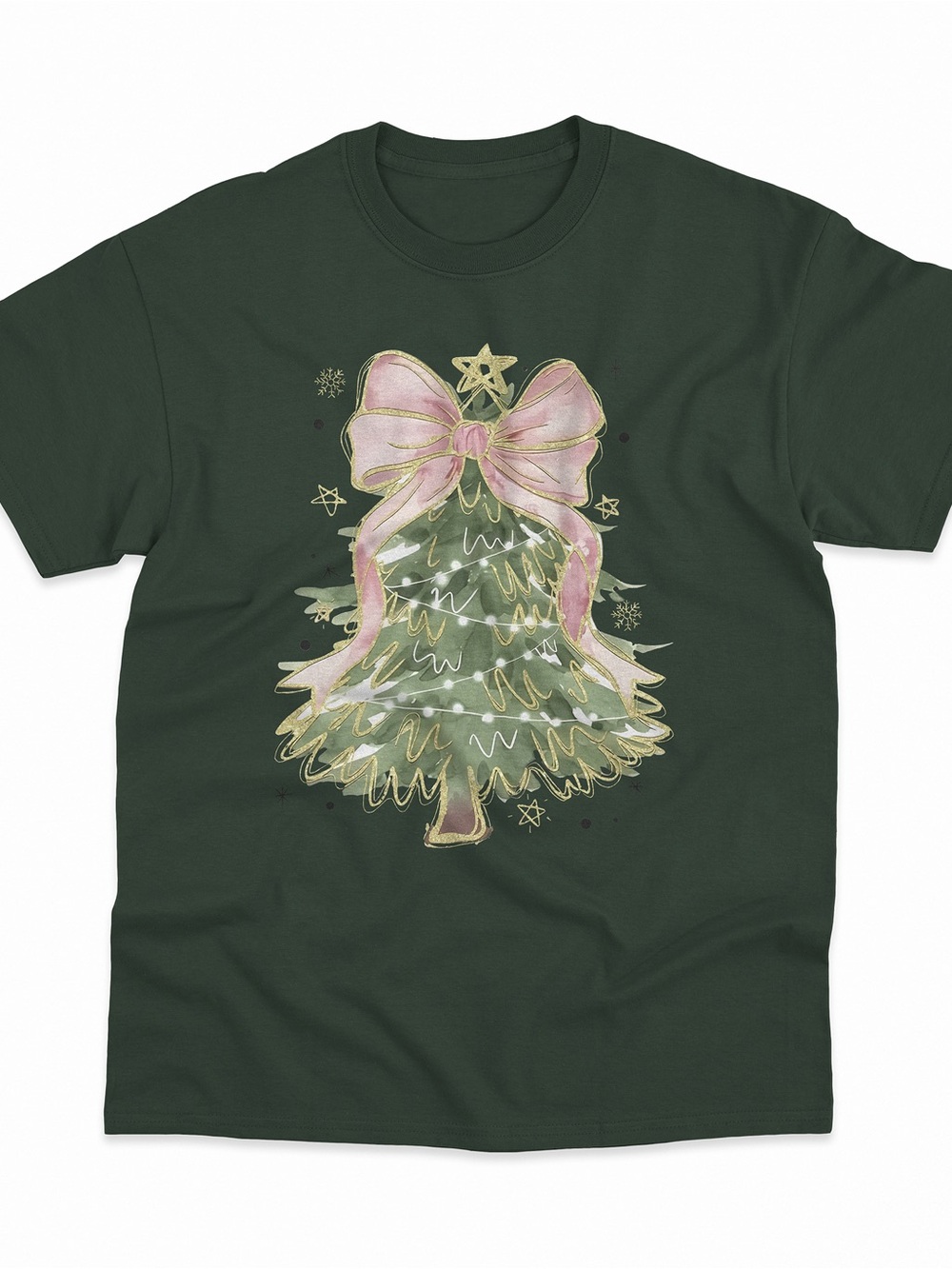 Christmas Tree with Pink Bow Shirt, Festive Holiday Graphic Tee - Forest Green